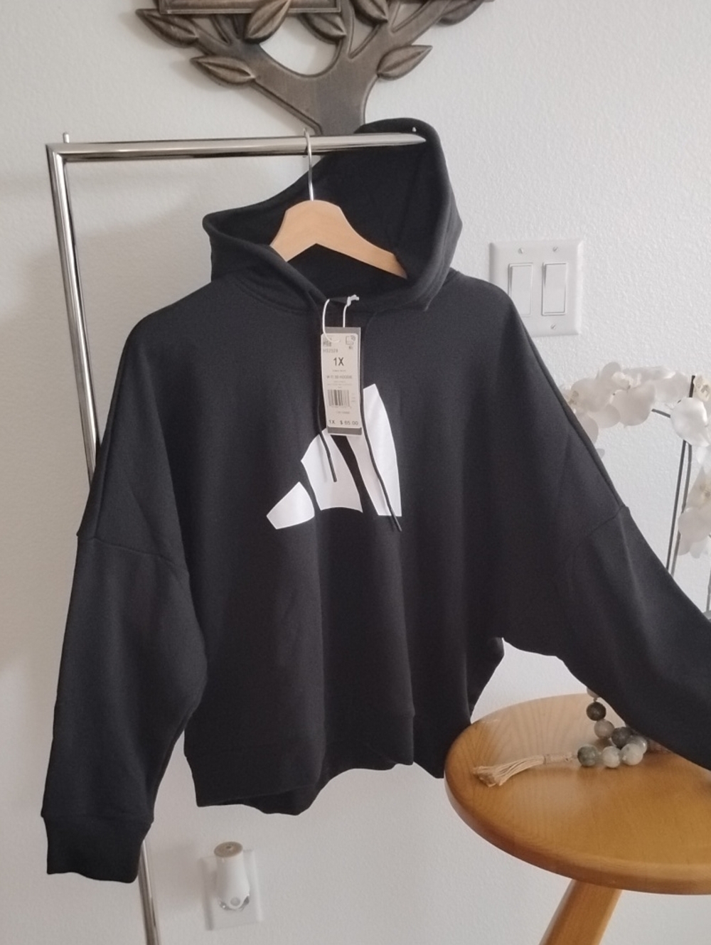 adidas Black Hoodie with White Logo, Batwing Sleeves And Hidden Zip Pocket $